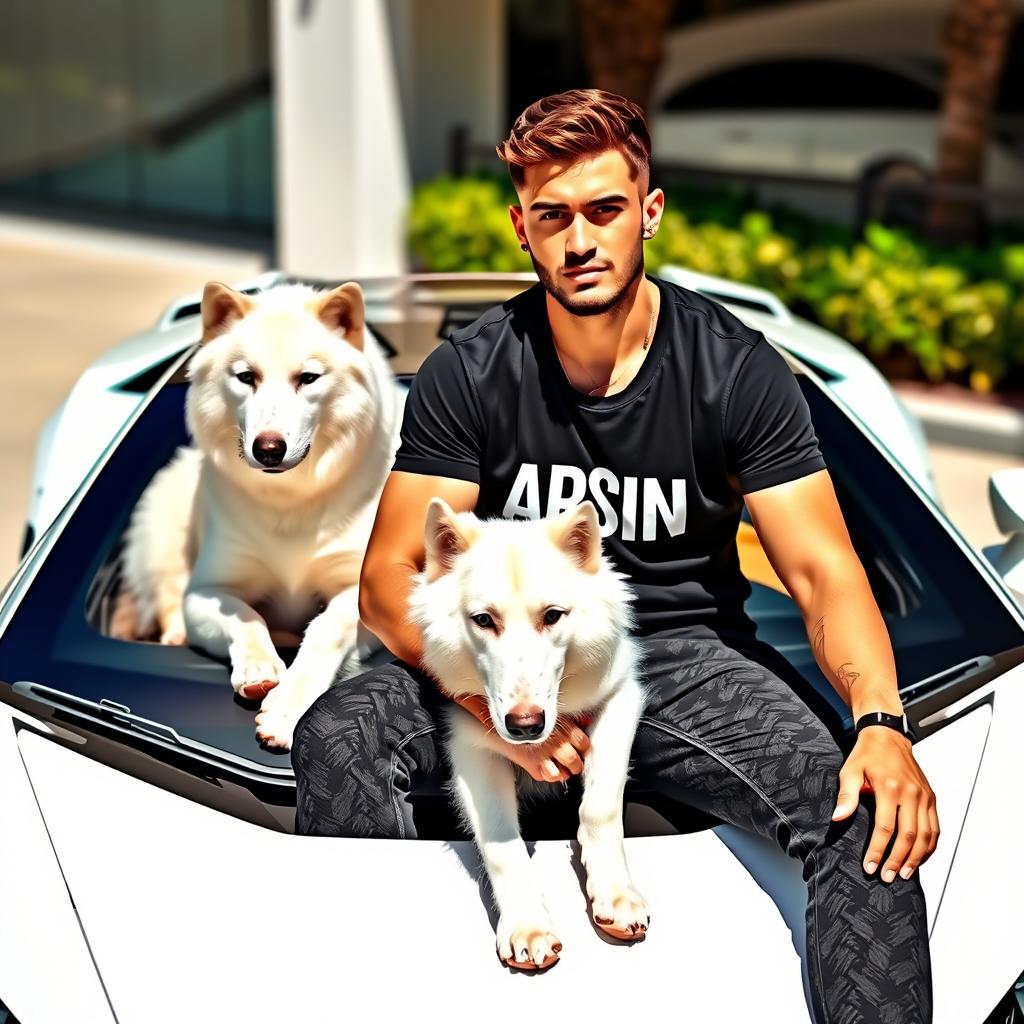 A handsome young foreign man sitting on a white Lamborghini, accompanied by a white wolf-dog