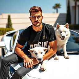 A handsome young foreign man sitting on a white Lamborghini, accompanied by a white wolf-dog