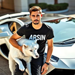 A handsome young foreign man sitting on a white Lamborghini, accompanied by a white wolf-dog
