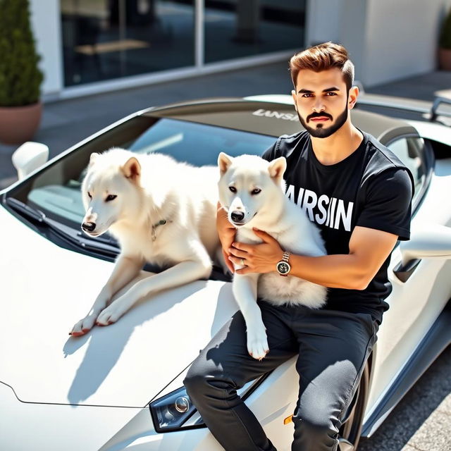 A handsome young foreign man sitting on a white Lamborghini, accompanied by a white wolf-dog