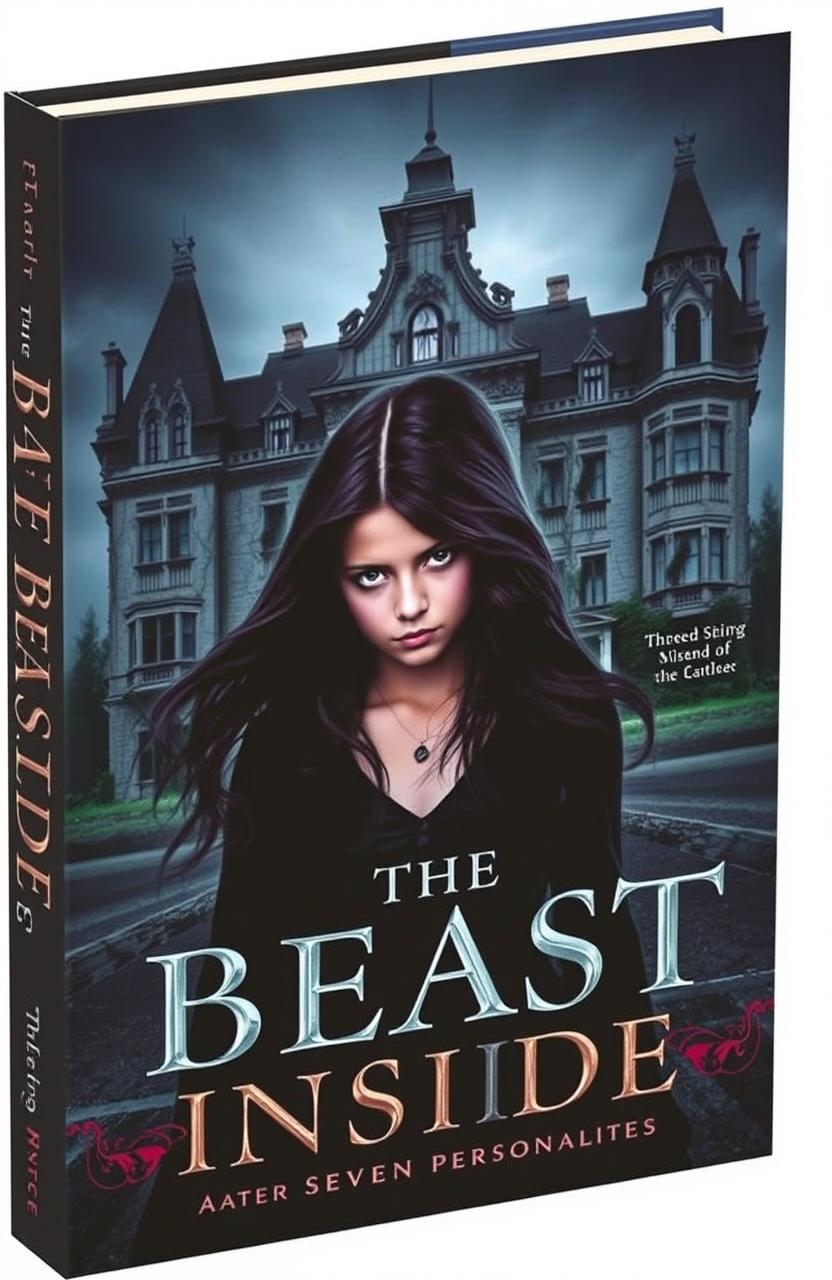 The book cover for 'The Beast Inside', featuring a hauntingly beautiful girl with an enigmatic expression, standing in front of a grand, ominous mansion shrouded in shadows