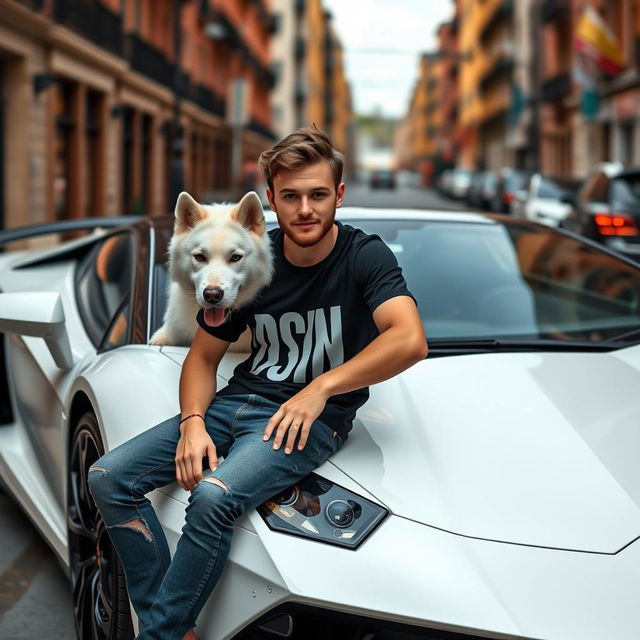 A handsome teenage boy, sitting on a sleek white Lamborghini, with a majestic white wolfdog beside him