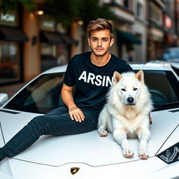 A handsome teenage boy, sitting on a sleek white Lamborghini, with a majestic white wolfdog beside him