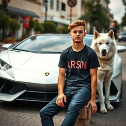 A handsome teenage boy, sitting on a sleek white Lamborghini, with a majestic white wolfdog beside him