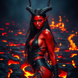 A captivating female devil with striking features, including deep crimson skin and elegantly curved horns that rise majestically from her head