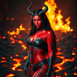 A captivating female devil with striking features, including deep crimson skin and elegantly curved horns that rise majestically from her head