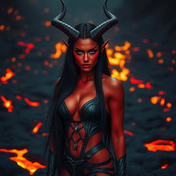 A captivating female devil with striking features, including deep crimson skin and elegantly curved horns that rise majestically from her head