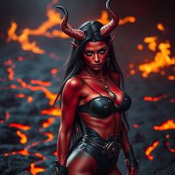 A captivating female devil with striking features, including deep crimson skin and elegantly curved horns that rise majestically from her head