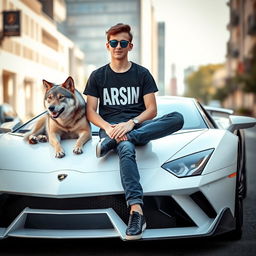 A beautiful, cool teenage boy from a foreign country, sitting on a sleek white Lamborghini