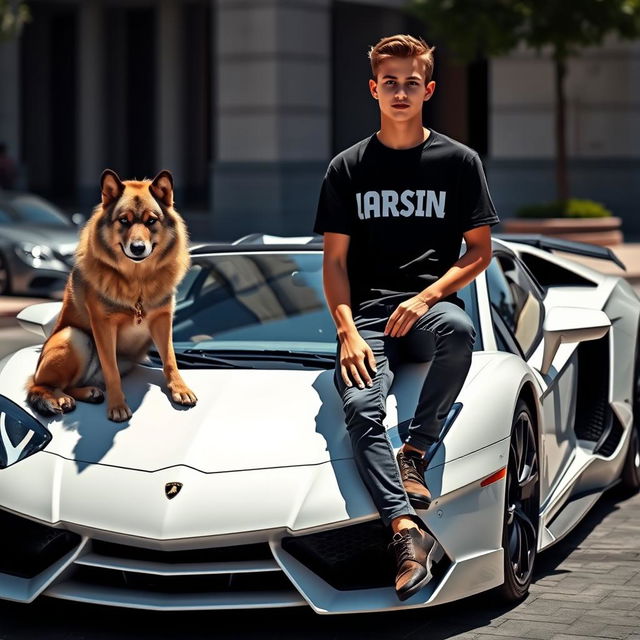 A beautiful, cool teenage boy from a foreign country, sitting on a sleek white Lamborghini