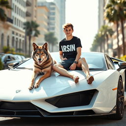 A beautiful, cool teenage boy from a foreign country, sitting on a sleek white Lamborghini