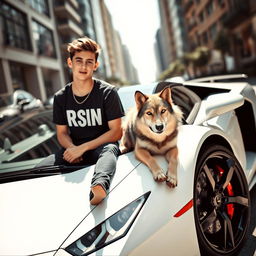 A beautiful, cool teenage boy from a foreign country, sitting on a sleek white Lamborghini