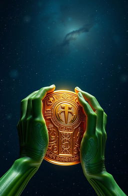 Alien hands gripping a shining golden artifact reminiscent of ancient history, featuring intricate carvings and symbols that represent mysticism and knowledge