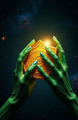 Alien hands gripping a shining golden artifact reminiscent of ancient history, featuring intricate carvings and symbols that represent mysticism and knowledge