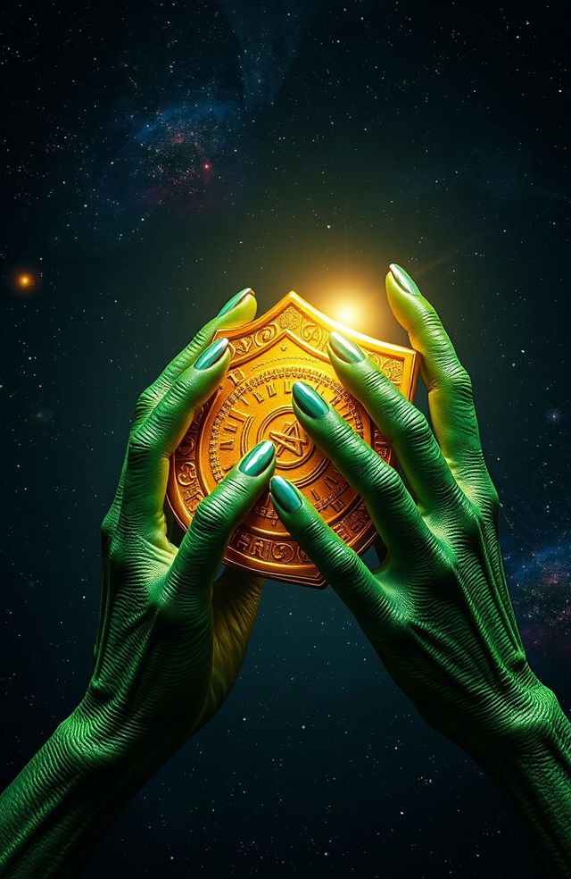 Alien hands gripping a shining golden artifact reminiscent of ancient history, featuring intricate carvings and symbols that represent mysticism and knowledge