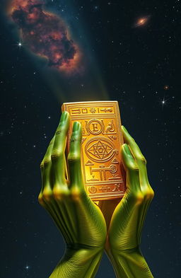 Alien hands gripping a shining golden artifact reminiscent of ancient history, featuring intricate carvings and symbols that represent mysticism and knowledge