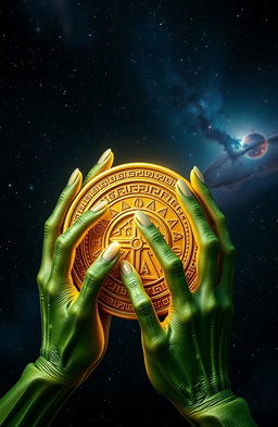 Alien hands gripping a shining golden artifact reminiscent of ancient history, featuring intricate carvings and symbols that represent mysticism and knowledge