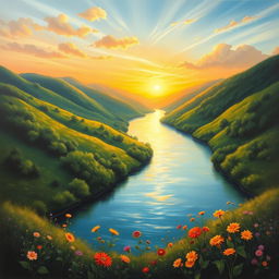 A professional yet striking painting of a serene landscape featuring lush green hills, a tranquil river flowing through the scene, and a radiant sunset casting warm golden hues across the sky