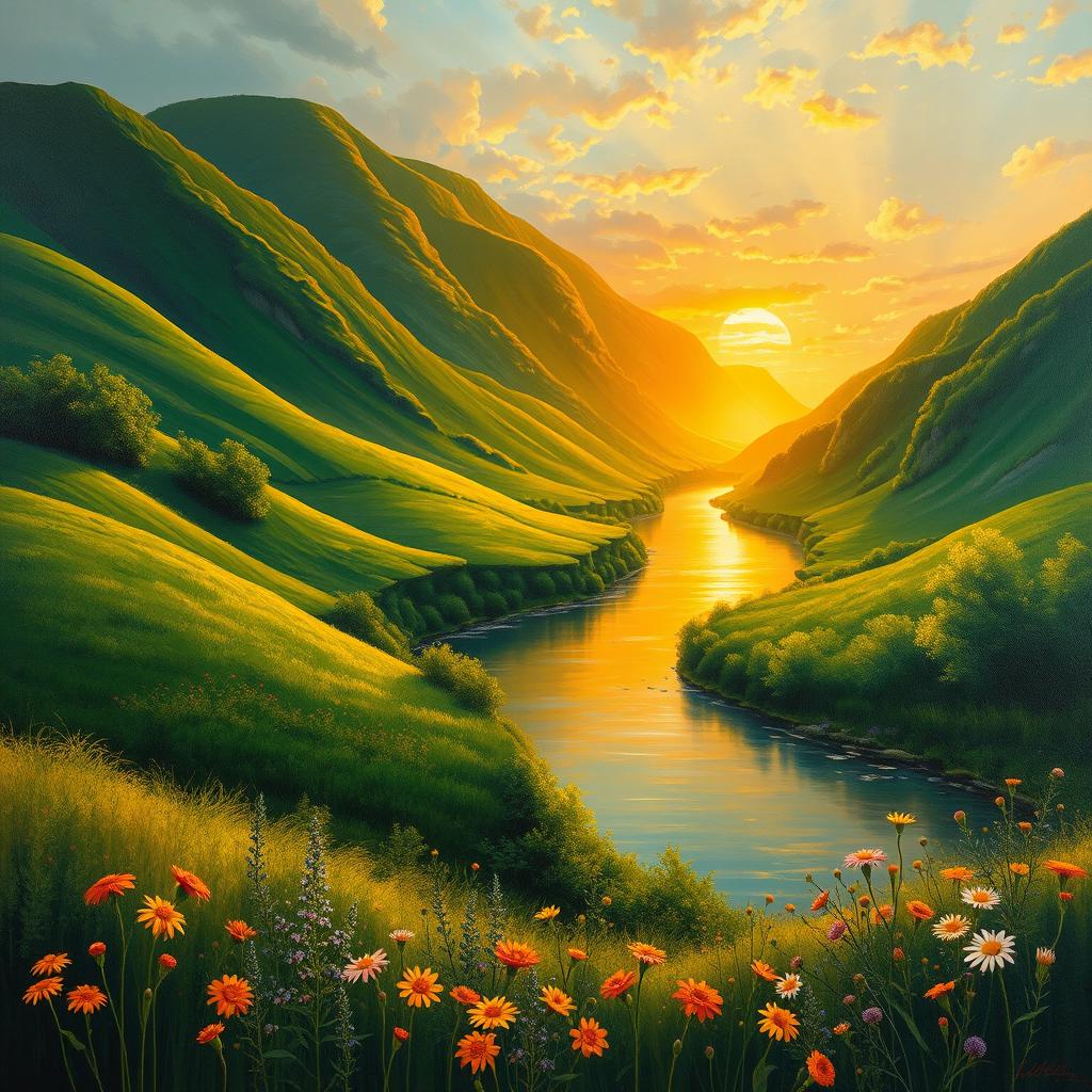A professional yet striking painting of a serene landscape featuring lush green hills, a tranquil river flowing through the scene, and a radiant sunset casting warm golden hues across the sky