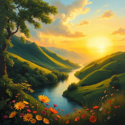 A professional yet striking painting of a serene landscape featuring lush green hills, a tranquil river flowing through the scene, and a radiant sunset casting warm golden hues across the sky