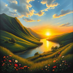 A professional yet striking painting of a serene landscape featuring lush green hills, a tranquil river flowing through the scene, and a radiant sunset casting warm golden hues across the sky