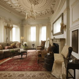 A detailed plan of a Victorian style living room, featuring high ceilings, ornate decorative elements, plush furniture, soft lighting, and vintage rugs