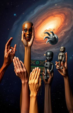 A collection of diverse alien hands, each unique in color and texture, holding historically significant African artifacts