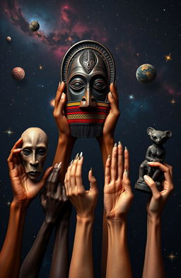 A collection of diverse alien hands, each unique in color and texture, holding historically significant African artifacts