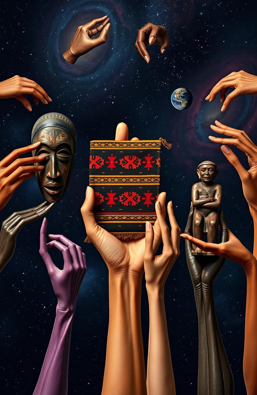 A collection of diverse alien hands, each unique in color and texture, holding historically significant African artifacts
