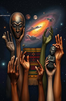A collection of diverse alien hands, each unique in color and texture, holding historically significant African artifacts