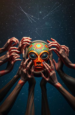 A captivating scene depicting a multitude of alien hands, each uniquely designed with intricate patterns and vibrant colors, holding a traditional African artifact
