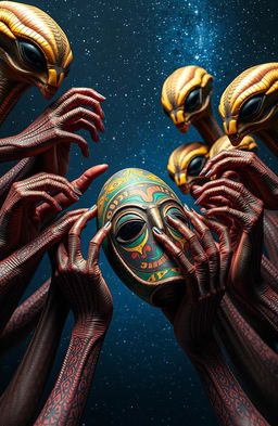 A captivating scene depicting a multitude of alien hands, each uniquely designed with intricate patterns and vibrant colors, holding a traditional African artifact