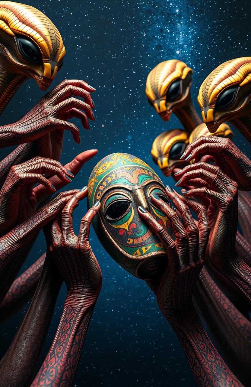 A captivating scene depicting a multitude of alien hands, each uniquely designed with intricate patterns and vibrant colors, holding a traditional African artifact