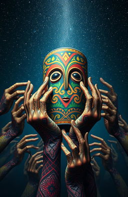 A captivating scene depicting a multitude of alien hands, each uniquely designed with intricate patterns and vibrant colors, holding a traditional African artifact