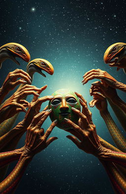 A captivating scene depicting a multitude of alien hands, each uniquely designed with intricate patterns and vibrant colors, holding a traditional African artifact