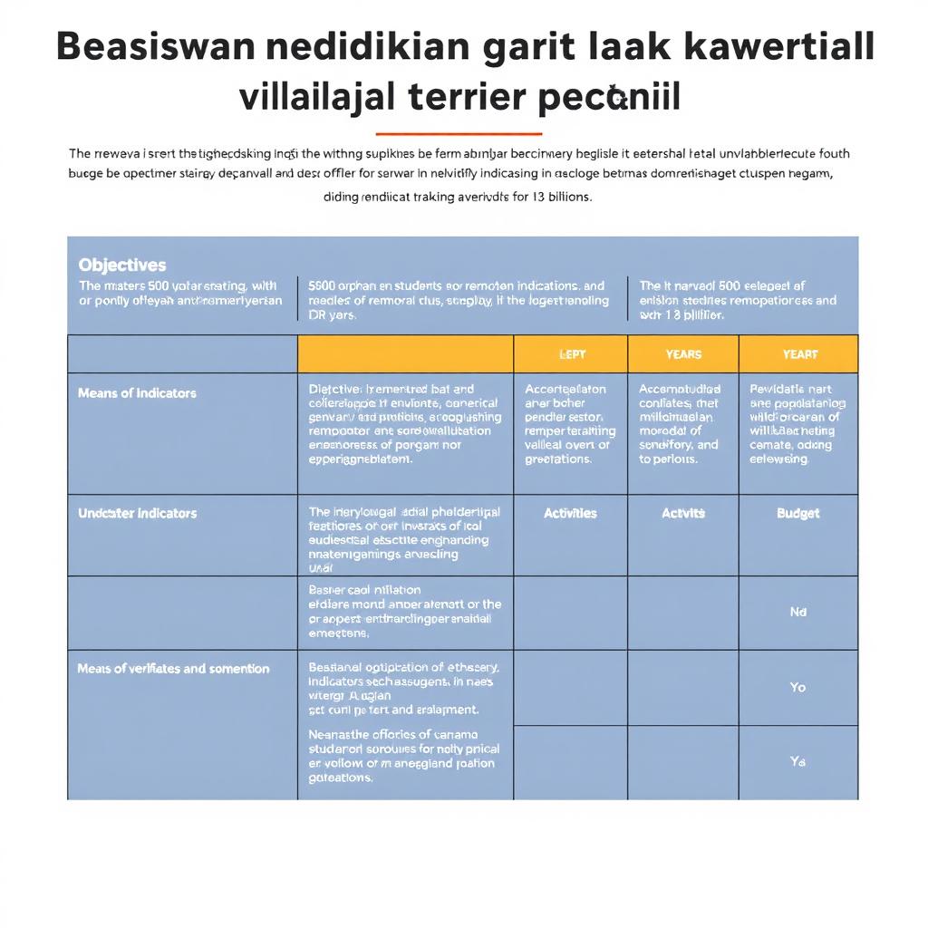Create an image of a logical framework matrix for a fundraising program titled 'Beasiswa Pendidikan bagi Anak Yatim di Wilayah Terpencil'