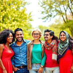 A vibrant group photo featuring diverse individuals standing together in a lively outdoor setting