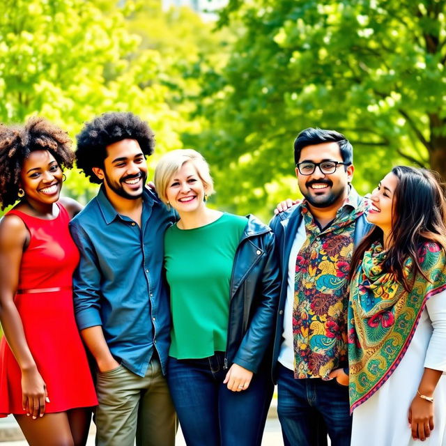 A vibrant group photo featuring diverse individuals standing together in a lively outdoor setting