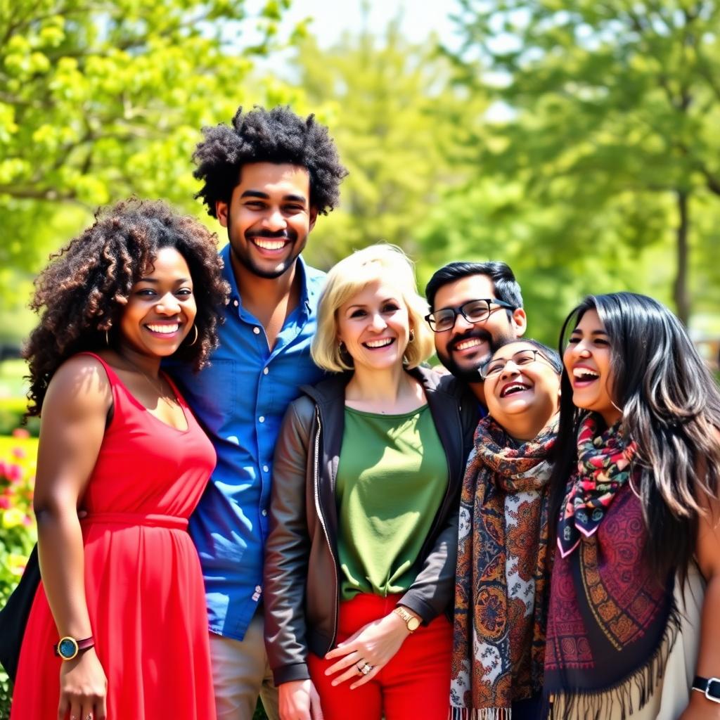 A vibrant group photo featuring diverse individuals standing together in a lively outdoor setting