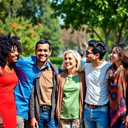 A vibrant group photo featuring diverse individuals standing together in a lively outdoor setting