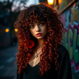 A girl with curly hair that cascades down to her shoulders, featuring a stunning gradient where the top half is a rich brown and the bottom half transitions into a vibrant red