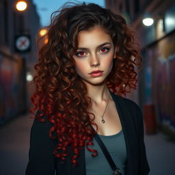 A girl with curly hair that cascades down to her shoulders, featuring a stunning gradient where the top half is a rich brown and the bottom half transitions into a vibrant red