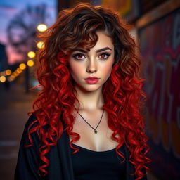 A girl with curly hair that cascades down to her shoulders, featuring a stunning gradient where the top half is a rich brown and the bottom half transitions into a vibrant red