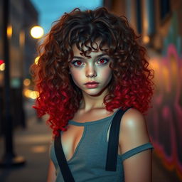 A girl with curly hair that cascades down to her shoulders, featuring a stunning gradient where the top half is a rich brown and the bottom half transitions into a vibrant red