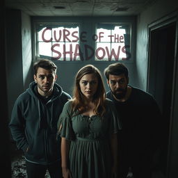 Three friends, two men and one woman, inside an abandoned house, their faces showing a mix of curiosity and fear