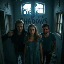 Three friends, two men and one woman, inside an abandoned house, their faces showing a mix of curiosity and fear
