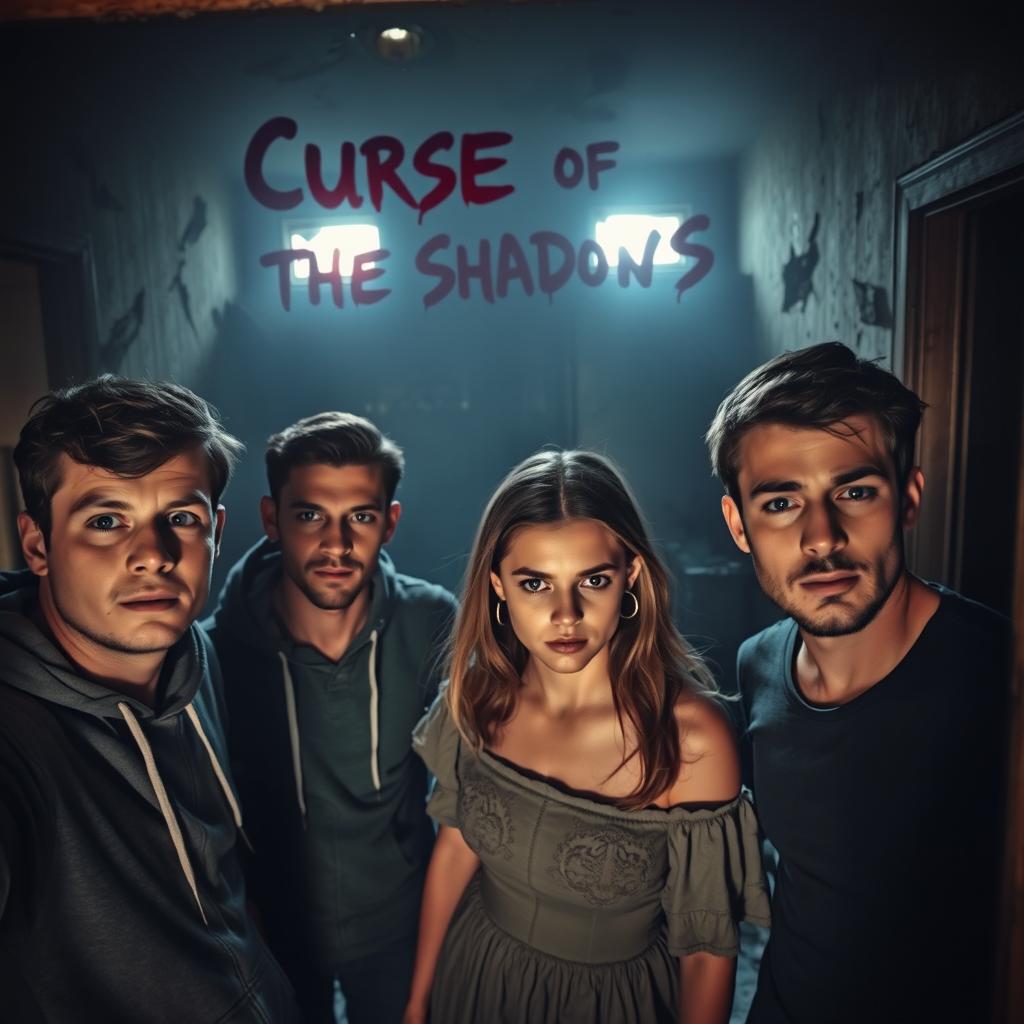 Three friends, two men and one woman, inside an abandoned house, their faces showing a mix of curiosity and fear