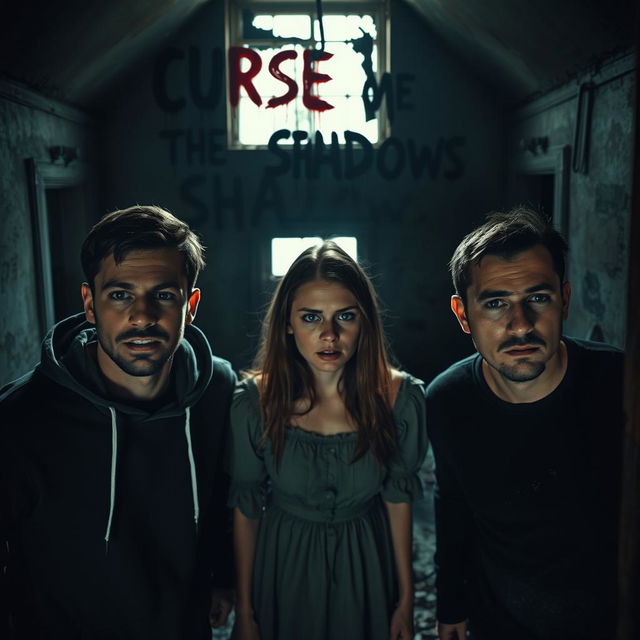 Three friends, two men and one woman, inside an abandoned house, their faces showing a mix of curiosity and fear