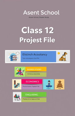 A modern and innovative cover page design for a Class 12 project file featuring six distinct subject sections - Accountancy, Business Studies, Economics, Physical Education, English, and Yoga