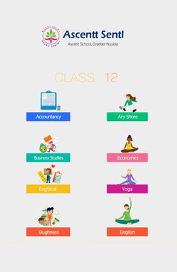 A modern and innovative cover page design for a Class 12 project file featuring six distinct subject sections - Accountancy, Business Studies, Economics, Physical Education, English, and Yoga
